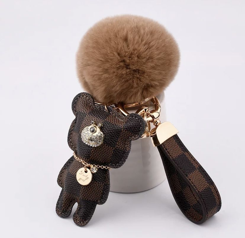 Teddy Bear Keychain Brown Checkered With Pom Pom