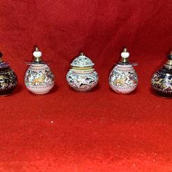 Vintage 2.5 Inch Set of 5 4 Oil/Perfume & 1 Cream 24k gold Ceramic Vase Collectibles (Read Description) (3 sets available)