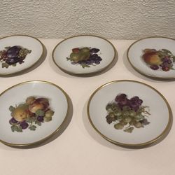 A Collection Of 5  Vintage Porcelain Kuba Porzellan Fruit Plates With Gold Trim Made In Bavaria Germany 7.50” Round 