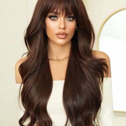 Long Wavy Mocha Brown Wig with Bangs, Synthetic 26 inches