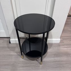 Round Black Glass Side Table w/ Lower Shelf – Modern Accent Table 23”H x 17.75”