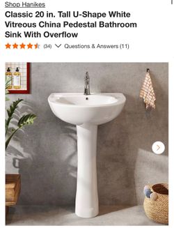 Classic 20 in. Tall U-Shape White Vitreous China Pedestal Bathroom Sink With Overflow