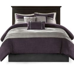 Luxury Comforter Set - Faux Suede Design, Striped Accent, All Season Down Alternative Bedding, Matching Shams, Decorative Pillow, King (104 in x 92 in