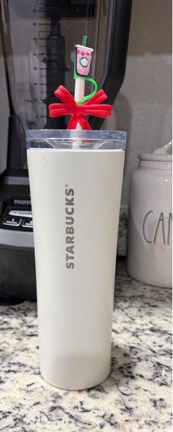 2025 Starbucks White Stainless Cold Cup Tumbler 20oz With Red Bow on Straw