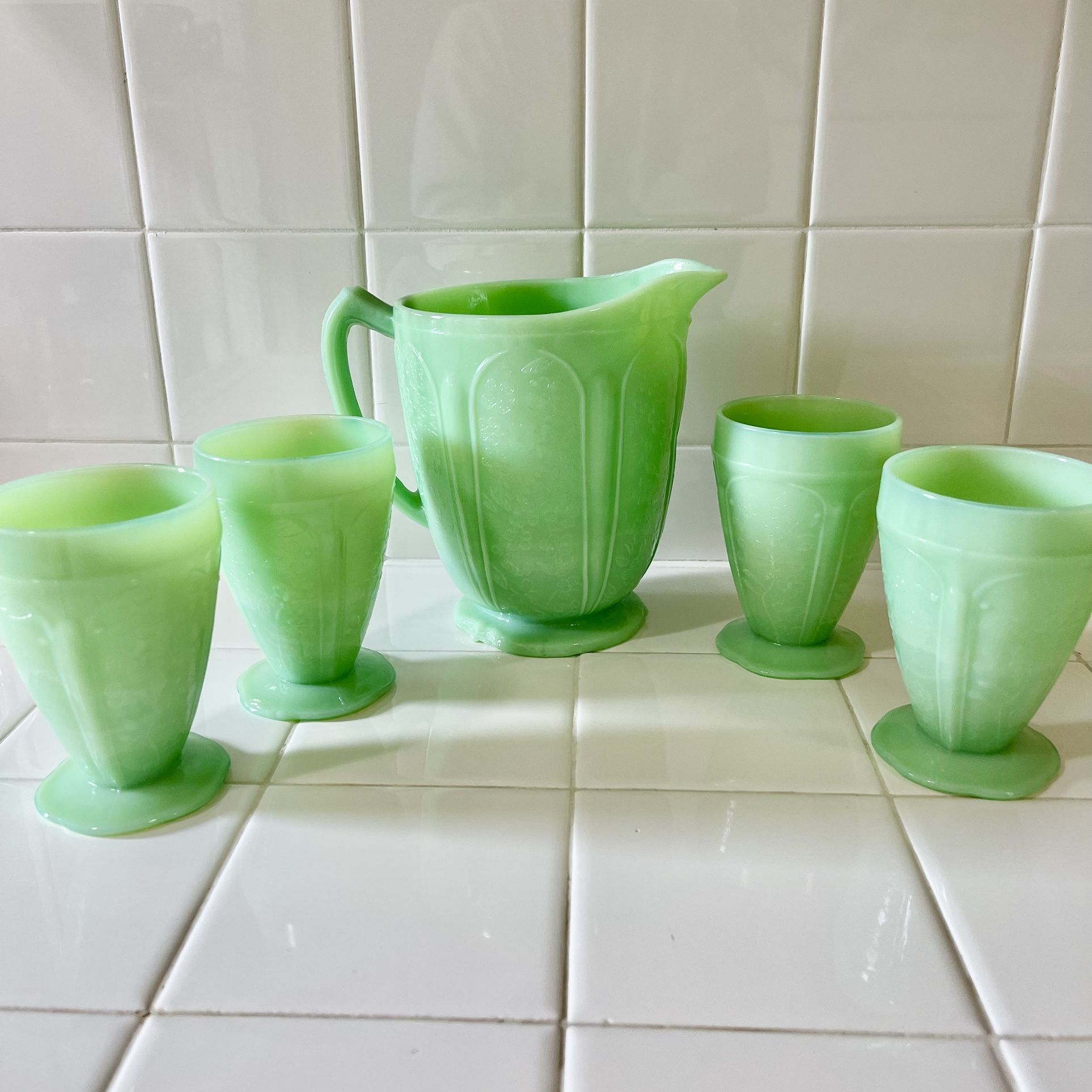 1970’s Jeannette Jadeite Reproduction Cherry Blossom Juice Pitcher and Glasses Set