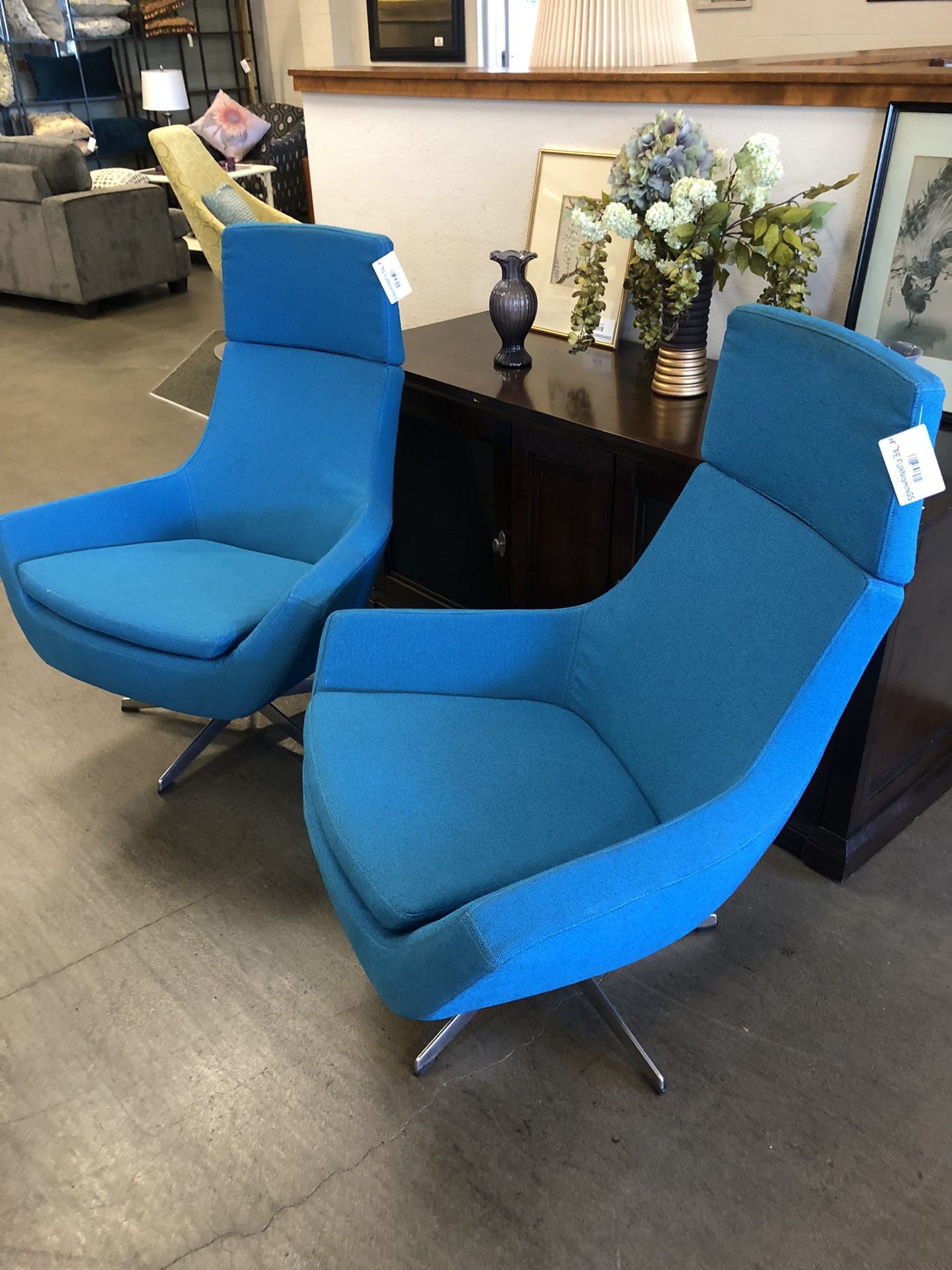 Vibrant Blue Robert Person Highback “Happy” Swivel Chairs (two available, priced individually)