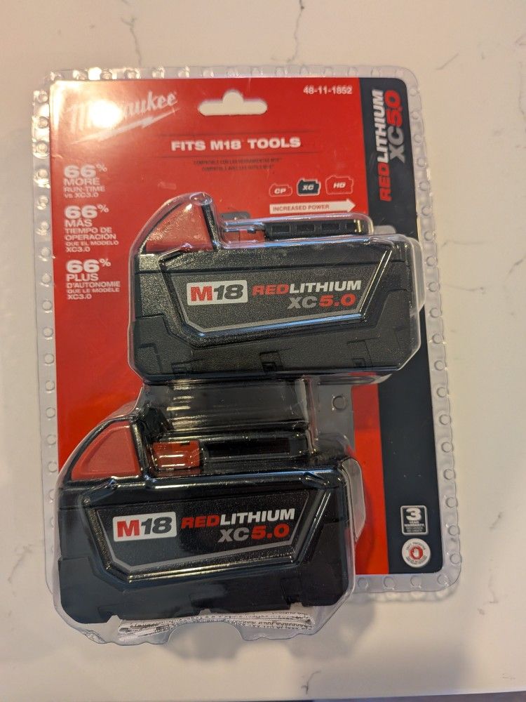 Milwaukee M18 XC 5.0 Batteries(2 Pack) Brand New