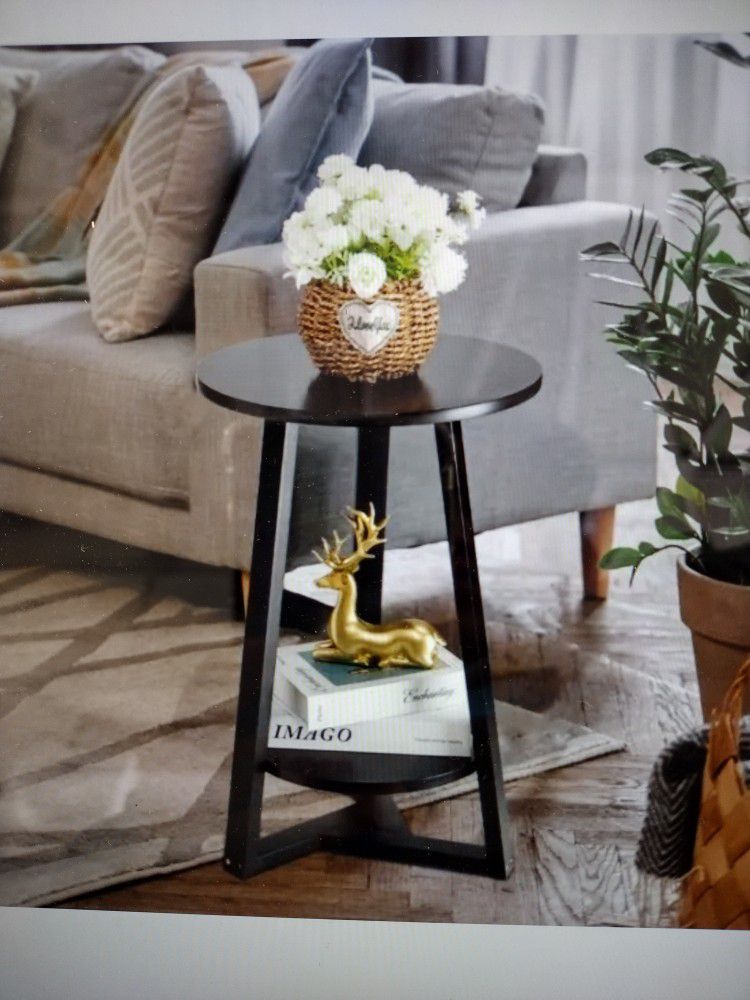 Black Side Table, Two-Tier Round End Table, Modern Small Side Table Living Room, Bedroom & Balcony, Black End Table with Storage Shelf with Solid Wood