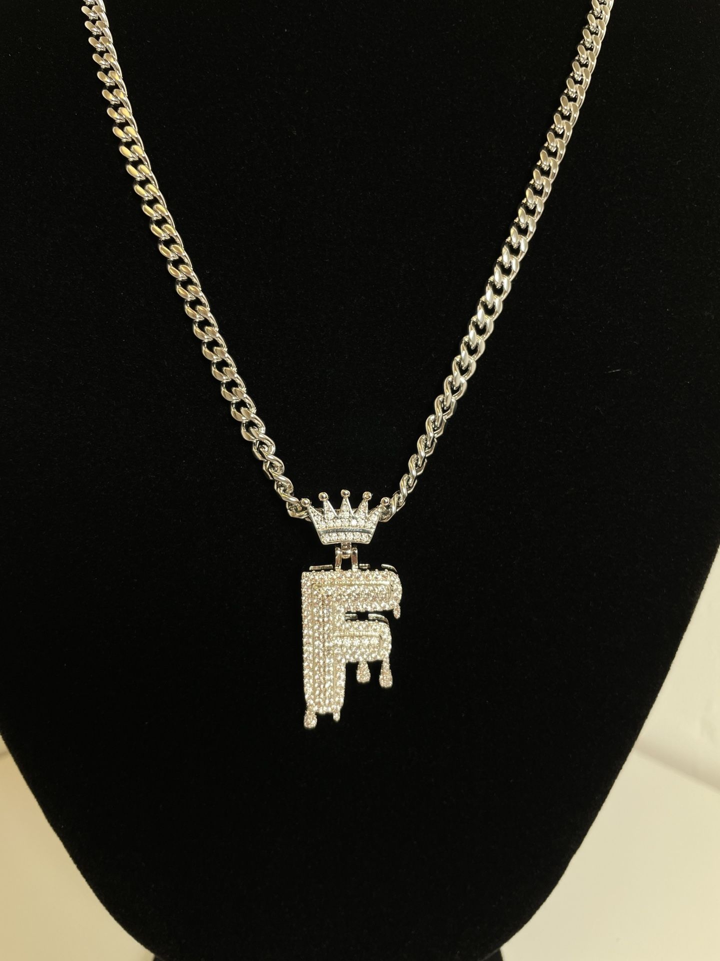 Silver Letter "F" Drip Bling Charm with Sterling Silver Cuban Link 5mm Necklace 24" Chain Set