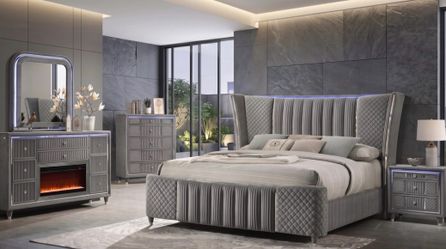 Gray Upholstered 4 Pc Queen Bedroom Set with LED Accents