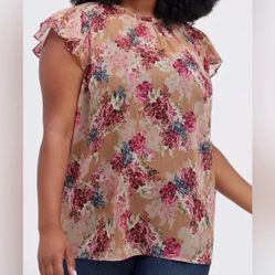 Torrid Mock Neck Tank Crinkle Chiffon Floral Tan Blouse Sz 2