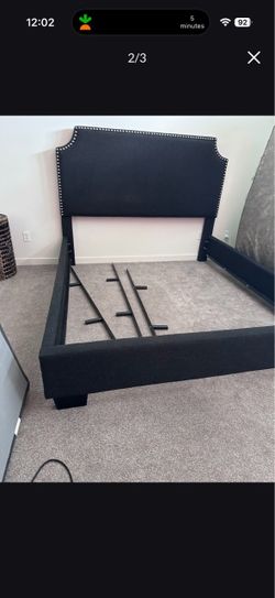 CA King Black Upholstered Bed Frame with Nailhead Headboard