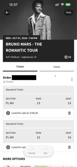 Bruno Mars The Romantic Tour Tickets x2 SoFi
