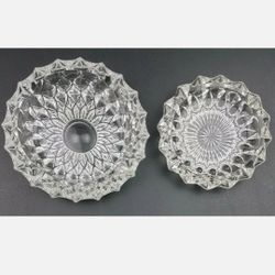 (2) Vintage Glass Lead Crystal Cut Round Cigar Ashtray Trinket Heavy Thick