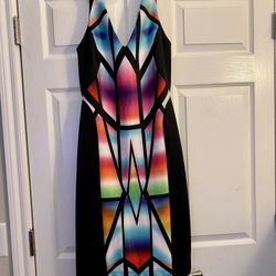 NWOT Bisou Bisou Superhero Multi Color Illusion Sleeveless Scuba Bodycon Dress Sz 8
