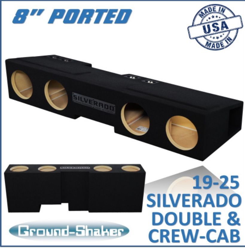 Black 8" Quad Ported Sub Box, Fits 19-26 Chevy Silverado Double & Crew-Cab