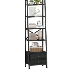Furologee 5-Tier Ladder Shelf with 2 Drawers,Narrow Bookshelf Storage Shelves,Industrial Bookcase Freestanding Rack Units for Bedroom,Living Room,Bath