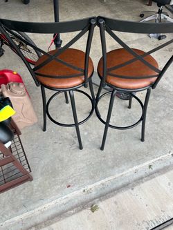Set of 2 Metal Bar Stools with Brown Cushions