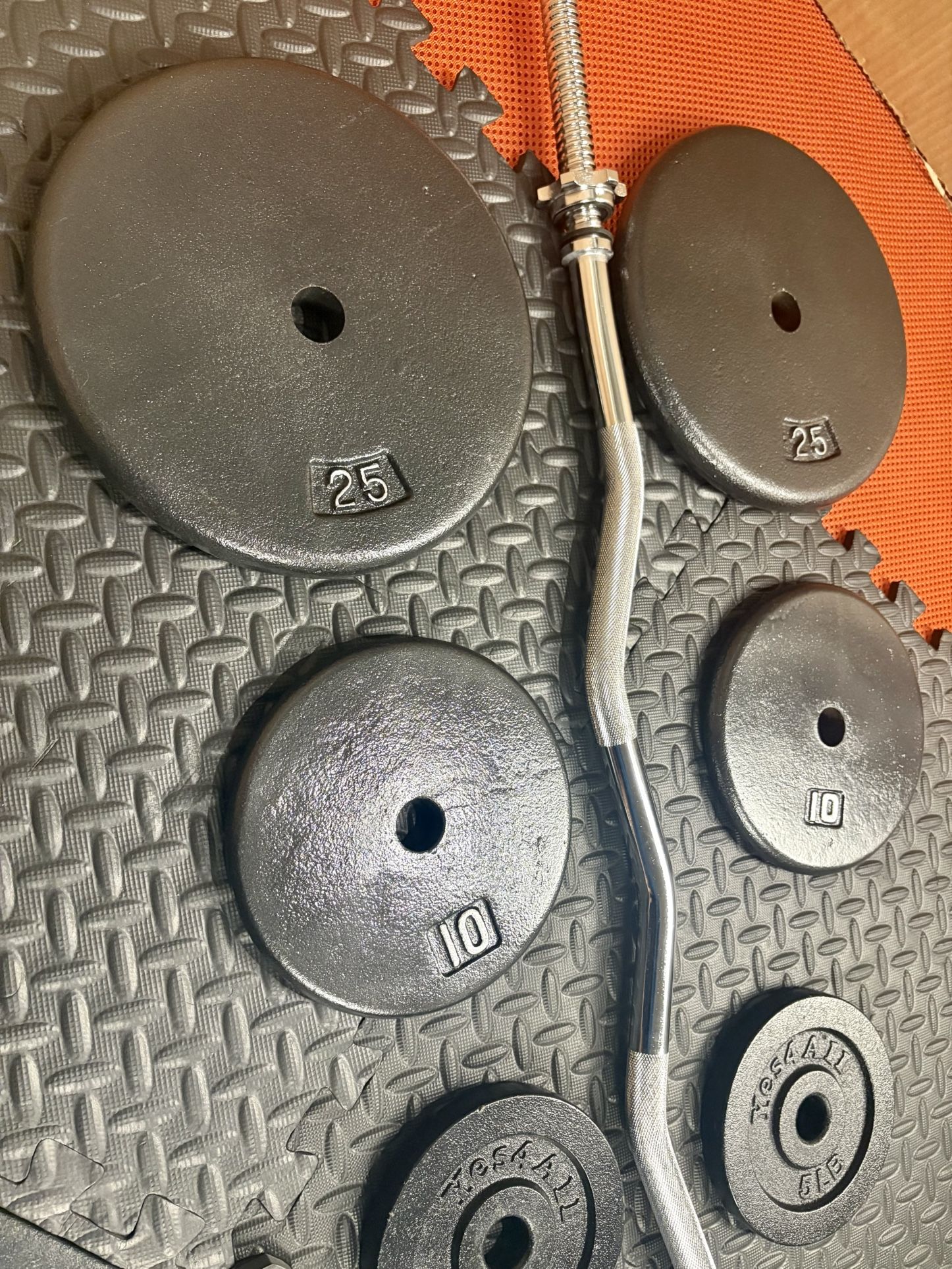 Steel Standard Curl Bar W/Weight Plates: 25s, 10s and 5s ponders. 94# Brute W.