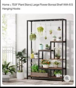 Tribesigns 70.9" Plant Stand, Large Flower Bonsai Shelf With 6 Hanging Hooks