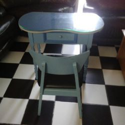 TEAL VANITY WOOD DESK WITH ONE DRAWER AND GLASS TOP 