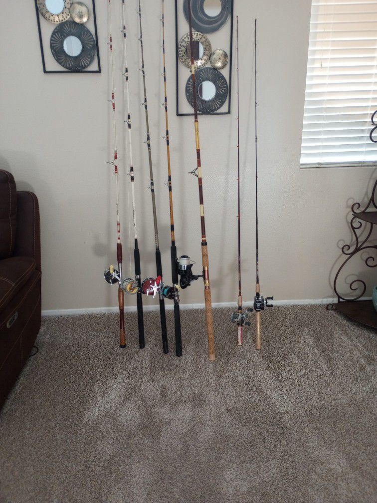 Deep Sea Fishing Rods And 2 Fresh Water Poles Asking $30 For Small Ones And $35 For The Longer One. 