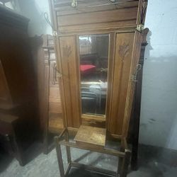 81" Antique Victorian Oak Hall Tree with Mirror & Umbrella Stand