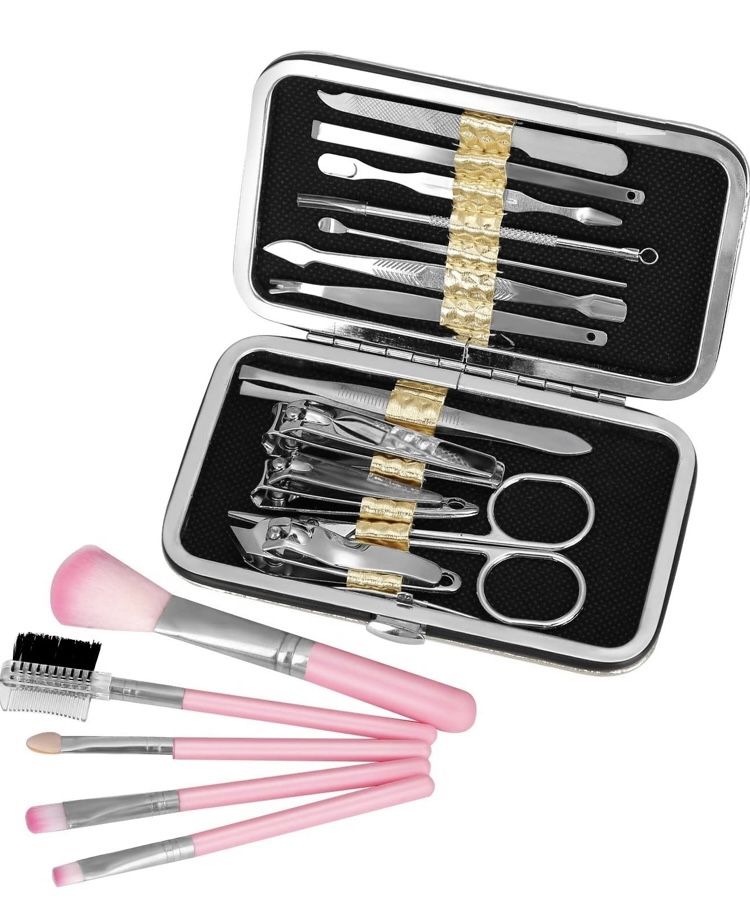 17Pcs Makeup Brush Kit and Manicure Kit, include Nail Manicure Pedicure Set for 12Pcs, 5 Brushes for Blush/Bronzer, Eye Shadow, Lip Liner, Eyebrow/Eye