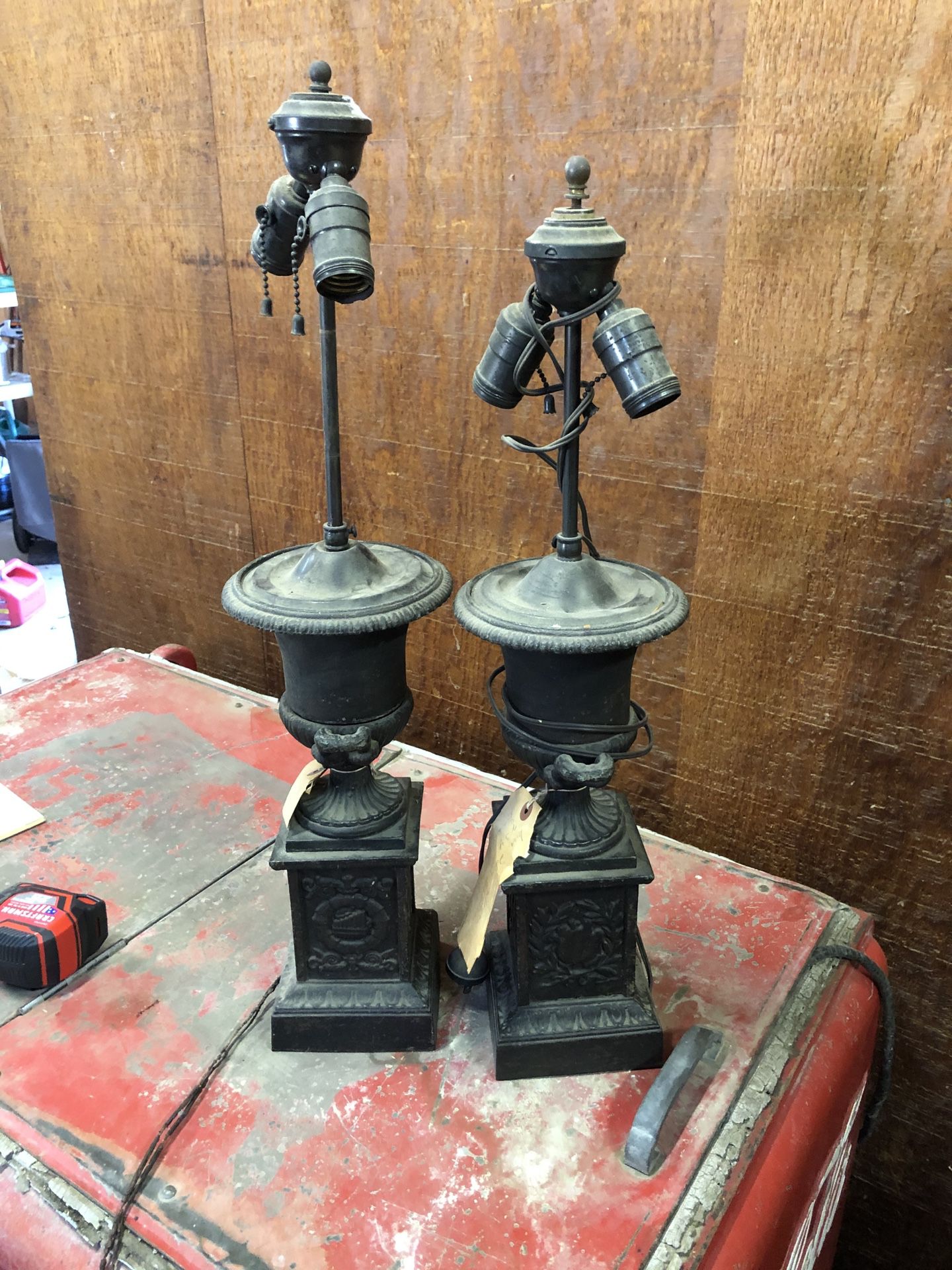 Antique Cast Iron or Bronze Urn Lamp Set