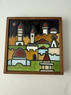 Vintage Art Ceramic Plaque Handcrafted In Israel Jerusalem Scene 