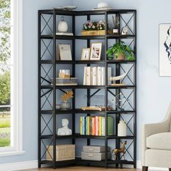Condemo 7-Shelf Corner Bookshelf, Modern Industrial Tall Bookcase, 7-Tier Large L-Shaped Storage Shelf Display Rack, Black