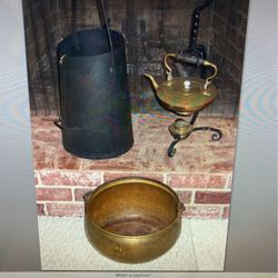 Brass tea kettle with stand, bucket and Coal Bin