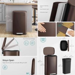 13 Gallon (50 L) Trash Can, Stainless Steel Kitchen Garbage Can, Recycling or Waste Bin, Soft Close, Step-On Pedal, Removable Inner Bucket