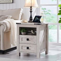 Nightstand with Charging Station, End Table, Side Table with 2 Drawers Storage Cabinet for Bedroom, Living Room, Farmhouse Design