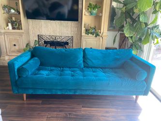 Beautiful peacock blue velvet Joybird sofa