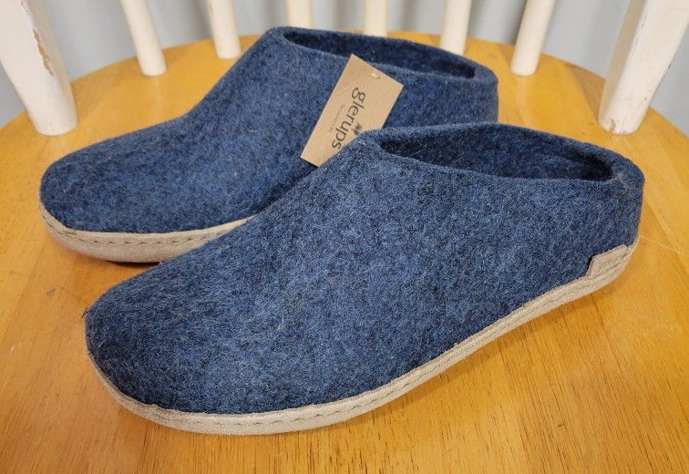 Glerups Women's Wool Slip On Denim Blue Leather Sole Slippers Sz 37 / 6.5-7 NEW