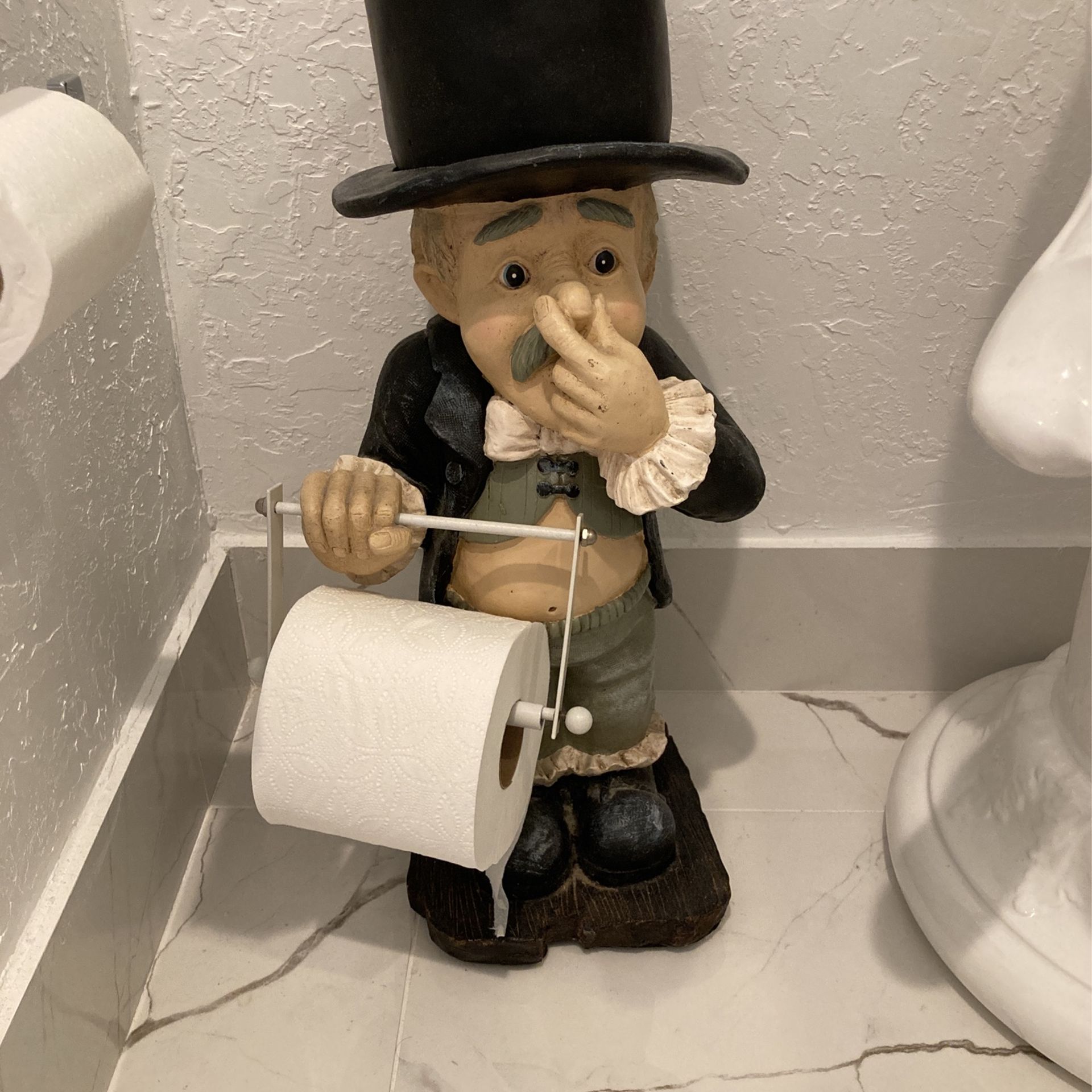 P.U. Pew. Fun Mr Stinky Statue. Bathroom Toilet Tissue Holder. Holds TP Under His Hat, Too! Great Whimsical Man. Price Is Reduced & Not Negotiable.