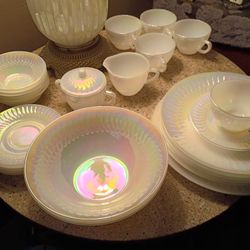 Set Of 1960's Moon Glow Glass Plates, Saucers,Cuos