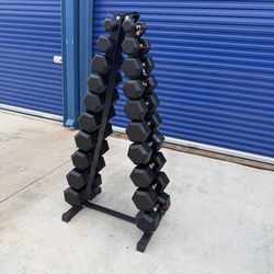 New pair of 5,10,15,20,25,30,35,40,45,50lb rubber dumbbells with A rack. New in box 📦  $705