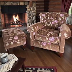 Vintage Custom Traditional English Cottage French Floral Velvet Armchair + Ottoman