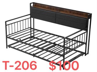 （T-206）VEVOR Twin Size Daybed Frame, Day Bed with Trundle, Heavy Duty Metal Platform Bed Frame with Charging Station, Twin Daybed with Metal Slats Sup