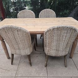 Pine Farm Table W/ 4 Wicker Chairs