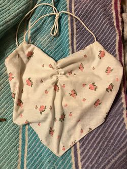 White Floral Ribbed Halter Crop Top