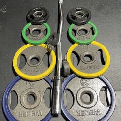 OLYMPIC CURLBAR AND WEIGHTS