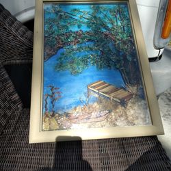 Vintage Frame Decorative Pictures With Trees Deck Lake Boat Use