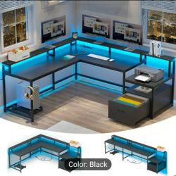 1pc 66in Large L-Shaped Gaming Desk with LED Lights, Modern Corner Computer Desk with Monitor Shelf, Storage Shelves, File Drawer, Power Outlet, and C