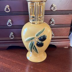 BEAUTIFUL VINTAGE LAMPE BERGER PARIS OLIVES ON YELLOW “ OIL LAMP AIR  PURIFIER WITH CAP WICK AND BURNER