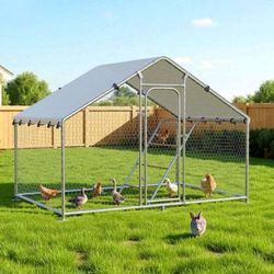 Large Metal Chicken Coop,10’W x 4.9’L x 6.4’H, Walk-in Chicken Run House with with Roosting Perch, UV-Resistant and Waterproof Cover, Spire Roof Poult