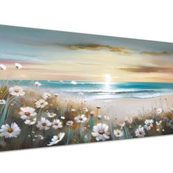 Ocean Sunset Canvas Wall Art for Living Room Abstract Seascape Painting Coastal Beach Wildflowers Picture Natural Sea Landscape Print Sunrise With Yel