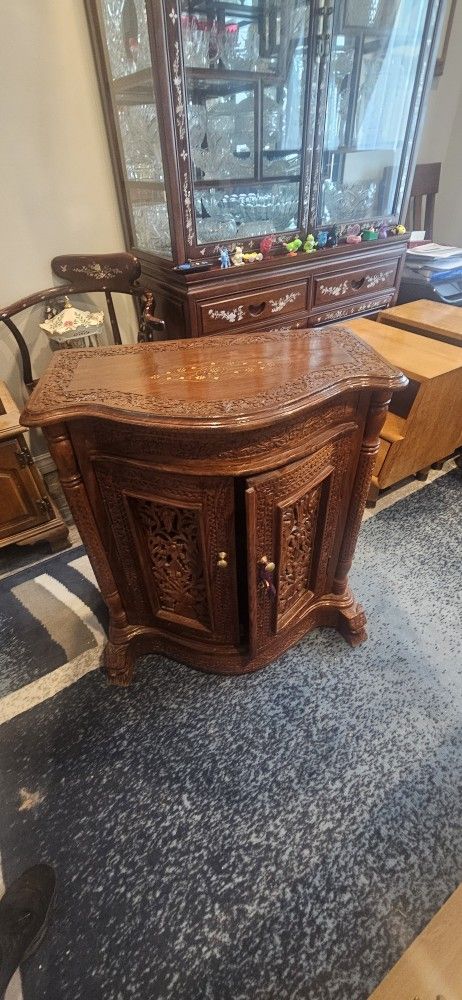 Antique Teak Side Board, Ornate Carving w/ Gold Inlay